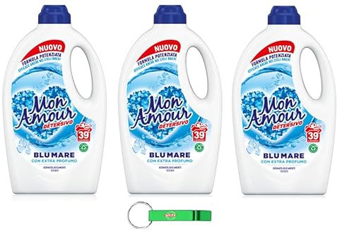 3 X Paglieri Mon Amour Blu Mare Detersivo - Lavaggio in lavatrice Liquido - Formula migliorata con profumo aggiuntivo, 39 lavaggi 1560 ml + portachiavi Beni Culinari