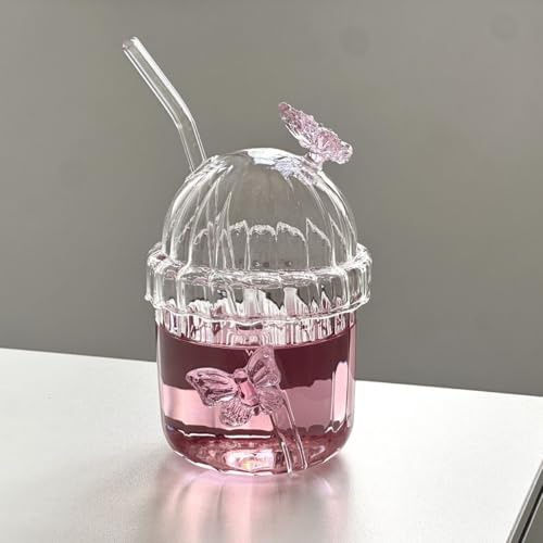 Tasse en verre papillon rose avec couvercle et paille, gobelet en verre 3D en forme de papillon mignon et esthétique vintage de style français pour boissons chaudes et froides, jus, cocktail, whisky