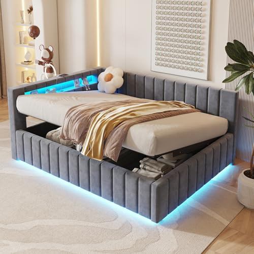 KUAKE Polsterbett Schlafsofa 140x200, Mit hydraulischem Stauraum, Mit LED-Licht und USB-Ladeanschluss, Mit Rückenlehne, Kopfteil und Stabilem Bettrahmen, Samtstoff, ohne Matratze (Grau)