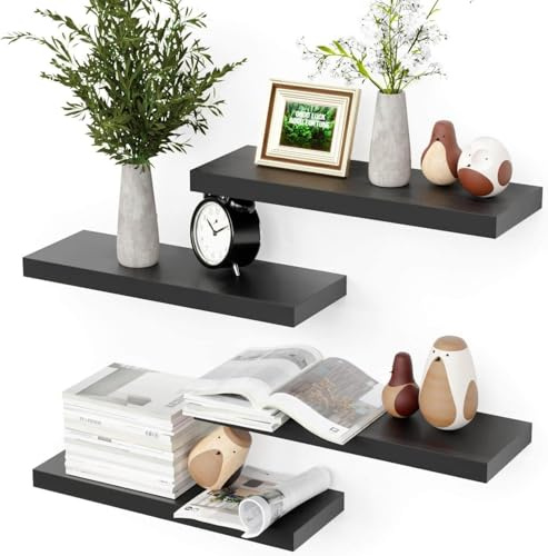 RICHER HOUSE Wandregal Schwarz 40 cm, 4er-Set MDF Holz Schweberegal | Wandboard Regal Wand DVD Hängeregal Deko-Holzregale für Küchenregal, Schlafzimmer, Büro, Wohnzimmer, Badezimer, Moderne