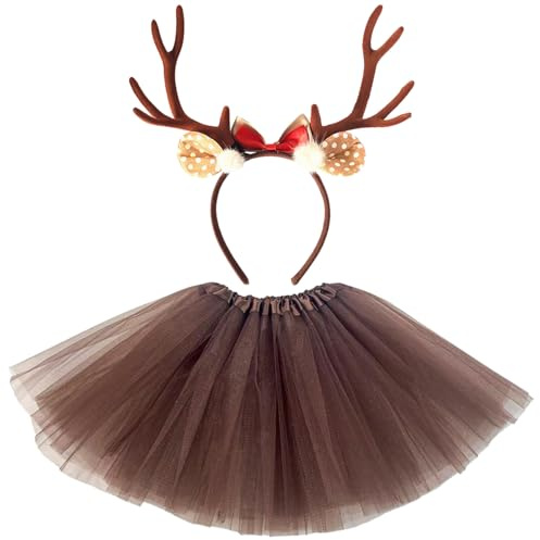 ZesGlyxyr Rentier Kostüm Damen, Rentier Geweih Haarreif, Tutu Tüllrock Kostüm Braun, Reh Tierkostüm Set, für Fasching Karneval Halloween Weihnachten Mottoparty Cosplay (2er)