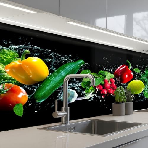 KitchenYeah© Küchenrückwand Selbstklebend Küchenspritzschutz Rückwand | 60x150 cm - Wandschutz Ohne Bohren Spritzschutz Wand Wandverkleidung Gemüse - Spritzer - Schwarz