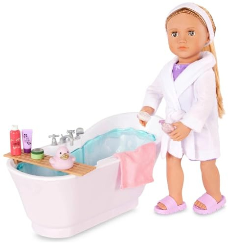 AIDNI Our G Deluxe Doll Bathtub Set with Bubble Bath Accessories, Bath Caddy and Spa Essentials, White and Turquoise