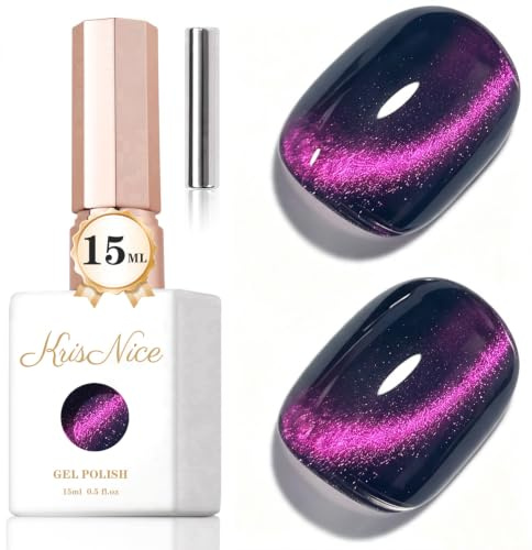 KRISNICE Jelly Glass Cat Eye Gel Polish with Magnet 15ML Holographic Glitter Shimmer Translucent Sheer Color Magnetic Nail Polish Salon DIY at Home (Vivid Purple, MY032)