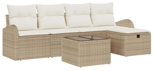 Runheo Sofa Set mit Kissen, Beige Creme Poly-Rattan, Modular, UV-beständig, Stauraum, Garten Terrasse, Outdoor Möbel Set für Entspannung, 2X Mittelsofa, 2X Armsofa, Fußstütze, Gartentisch