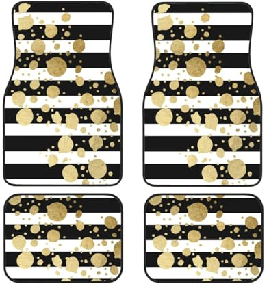 Alfombrillas para Coche con Efecto Salpicadura de Pintura Dorada sobre Rayas Blancas y Negras. Juego Completo de 4 Alfombrillas para el Suelo, protección contra la Intemperie.