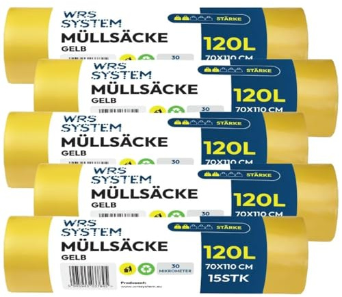 WRS - Gelbe Säcke 120L für Plastik und Recycling - Reißfeste Müllsäcke LDPE 30 Mikron - 15 Stück pro Rolle (5)