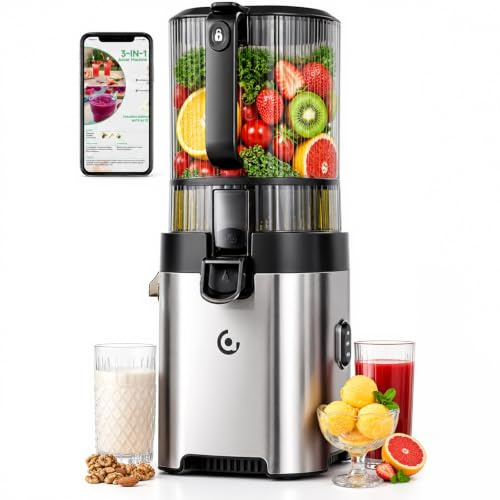 AMZCHEF Extractor de Zumos, Slow Juicer con Apertura XL de 158MM | Capacidad de 2,5L, Licuadora Prensado en Frío para Frutas y Verduras Enteras, Cuerpo Inoxidable, Fácil Montaje y Limpieza