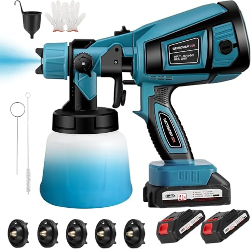 Pistola Pintura Bateria, Pistola Pintura con Batería de 21 V, Pulverizador de Pintura con 3 Patrones de rociado, HVLP Pistola con 2 Baterías de 3000 mAh y Ccargador para Cercas, Paredes, Techos(Azul)