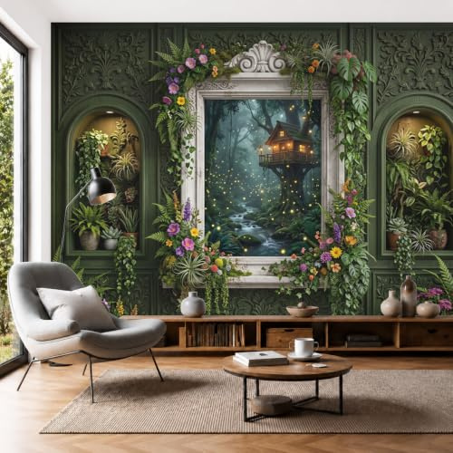 DLERFLOVR Papier Peint Panoramique Fenêtre Sculptée Rétro 3D, 200x140cm Fresque Murale Cabane Arbres Forêt Tropicale Lucioles Poster Mural Décoration Murale Fond pour Salon, Chambre, Vert Foncé
