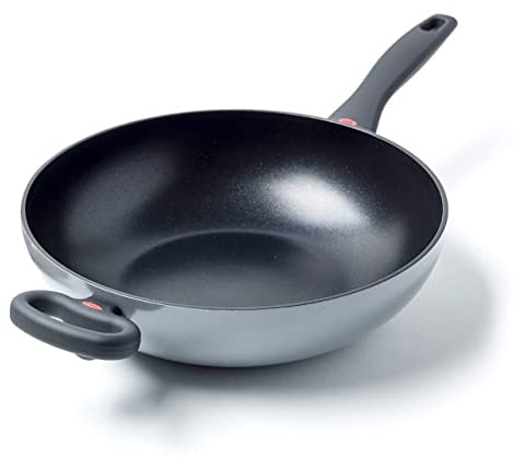 OXO Softworks Harteloxierte 28 cm/3,6 L Wok-Pfanne, 3-Schicht-Antihaftbeschichtung aus deutscher Fertigung, Soft-Touch-Griff aus Edelstahl, Induktion, Backofenfest bis 180°C, Spülmaschinenfest, Grau