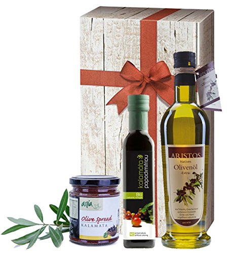 3tlg griechisches Olivenöl Geschenk-Set | Bio Essig | Extra Natives Olivenöl | Schwarze Tapenade | Geschenkkarton mit Holzoptik und Schleife | ARISTOS (Olivenöl, Essig & Tapenade)