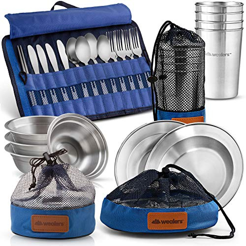 Wealers Einzigartiges vollständiges Messwaren-Set aus poliertem Edelstahl, Geschirr, Camping, Buffet, inkl. Tassen, Teller, Schüsseln, Besteck, wird in Netzbeuteln geliefert (4-Personen-Set) (blau)