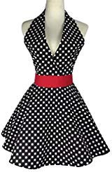 RosieLily Küchenschürze im Retro-Stil, sexy und niedlich, zum Kochen, Backen, Baumwolle, flirty V-Ausschnitt, 50er-Jahre, gepunktet, klassisch, große Wellen, Schwarz / Rot