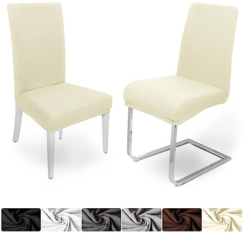 DecoHomeTextil Heimtextilmanufaktur Universal Stretch Uni Stuhlhusse Stuhlhussen Husse Hussen mit 200g/m² 2er Set Creme Champagner Farbe und Set Größe wählbar Stuhlbezug Stuhlüberzug Elastisch