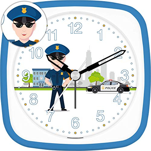 Eurotime Wecker Jungen Polizei Notruf Polizist, Kinderwecker, Hellblau Blau, Kunststoffgehäuse und Kunststoffglas, geräuscharmer Wecker, ohne Ticken, mit Licht und Weckwiederholung, 27123-08