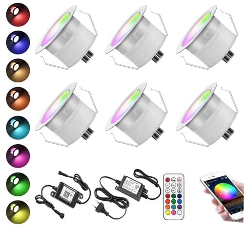 6x Wifi RGB Spot Encastrable Exterieur Dimmable Spot led Extérieur Encastrable Fonctionne avec Alexa, téléphone intelligent Ø30mm0.6W IP67 Kit complet lampe terrasse exterieur