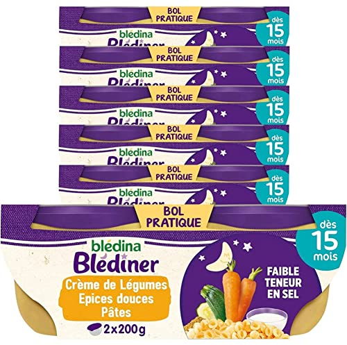 Blédina - Blediner - 12 bols - Crème de Légumes aux Epices Douces et Pâtes Coquilles - Pour le Diner de bébé dès 15 Mois - Pack de 6x2