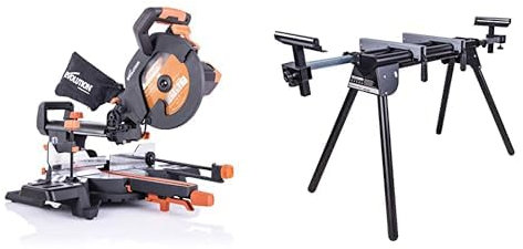 Evolution Power Tools - Scie à Onglets Coulissante Multi-Matériaux R255SMS + avec le Pack Plus, 255 mm (230 V) & Evolution Power Tools - Support pour Scie à Onglet avec Extensions