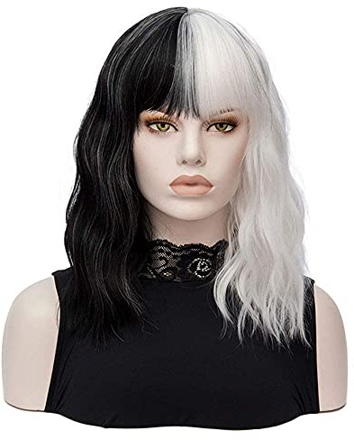 FVCENT Kurze schwarze und weiße Perücke Wellenförmige halb schwarze und halb weiße hitzebeständige Frauenperücke (Ohne Zubehör)