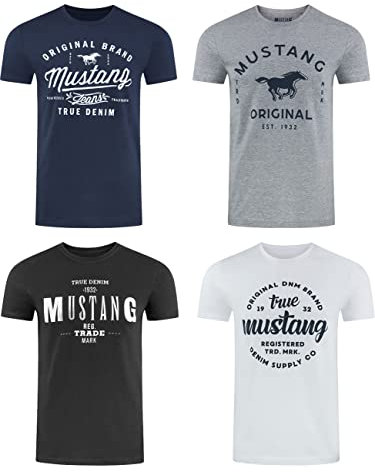 MUSTANG Tshirt Herren Baumwolle Regular Fit 4er Pack Set Rundhals Kurzarm Sommer Tee Shirt Logoprint, Größe:L, Farbe:Farbmix (P19)