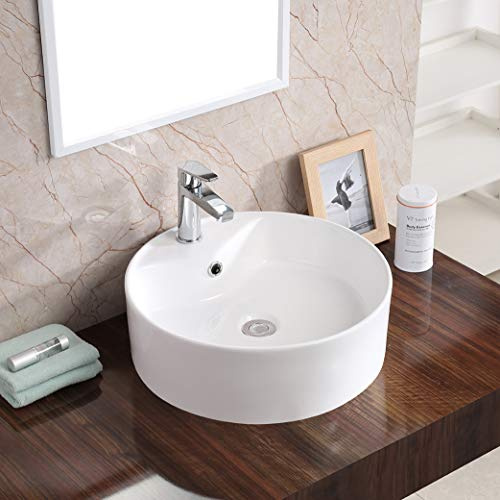 Karran Valera 18 Inch Round Vessel Bathroom Sink, Vitreous China Above Counter Vanity Sink with Overflow, Glossy White Ceramic Basin VC-401-WH