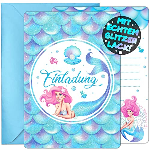 12x GLITZER Meerjungfrau EINLADUNGSKARTEN KINDERGEBURTSTAG Mädchen Junge + 12x Umschläge - die Nixen PARTY Karten sind die Meerjungfrau EINLADUNG für Mädchen Kinder GEBURTSTAG Einladung Mermaid