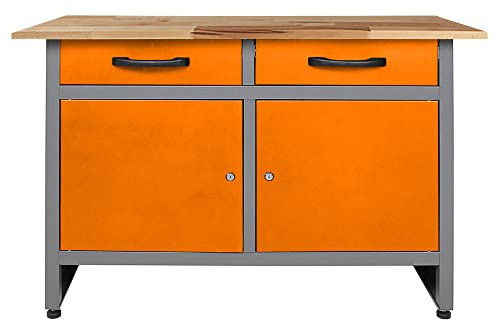 Ondis24 Montagewerkbank Werkstatteinrichtung Werkbank 120cm Werktisch orange mit 2 kugelgelagerten Schubladen & 2 abschließbaren Türen