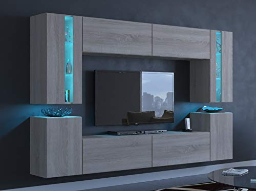 Furnitech Wohnwand Wohnzimmer | Wohnzimmer Möbel mit LED RGB - 16 Farben | Hängend Wohnwand Modern | Wohnzimmer Schrankwand mit Regale und TV Schrank (24/M/S/4 1B Groß)