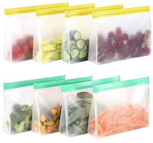 Bolsas de silicona reutilizables, con cremallera, diseño de suelo, bolsas de alimentos, bolsas de almacenamiento PEVA para almacenar verduras, leche, aperitivos, 8 unidades