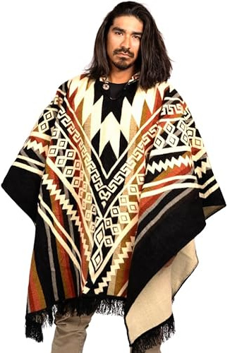 DAVLINA, ALPACA Wollponcho mit Kapuze und Aztekenmuster, einzigartig und handgefertigt in Ecuador. dicker, warmer und weicher Wollponcho