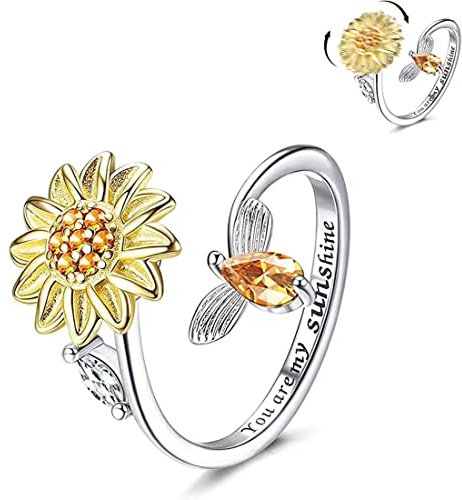 EUJEBEDA Anti-Stress-Ring, verstellbar, Fidget-Ringe, Damen, vergoldet, Spinner, Stimmungsring, Zirkonia, Sonnenblume, Gänseblümchen, Sonnenblume, Ringe.