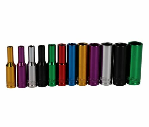 Dunnet Tools 12pc Coloured Deep Socket Sets 1/4 Inch Heavy Duty 1/4 Sockets On Storage Rail Metric 4-13mm Tool Set Plumbing Electrician Mechanic Tools