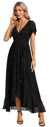 Ever-Pretty Robe de Soiree Femme Longue Asymétrique Dentelle Manches Courtes Col V Fluide Chic Noir 42