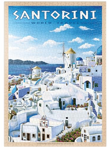MyPuzzle Greece Santorini - In Blue and White, Vintage Travel Poster - Premium 1000 Teile Puzzle - MyPuzzle Sonderkollektion von Havana Puzzle Company