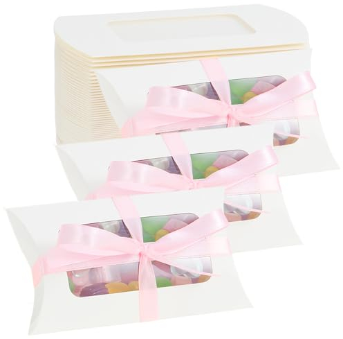 TsunNee 50 cajas de papel con forma de almohada con ventana, suministros de fiesta, cajas de regalo para el día de la madre, día del padre, boda, cumpleaños, Acción de Gracias, Navidad, Año Nuevo
