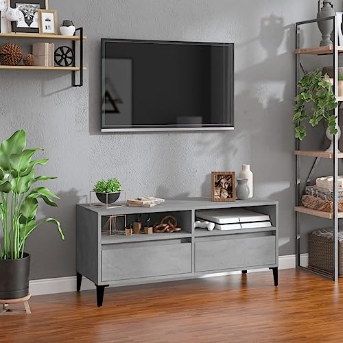 Higsose Meuble TV 100 x 34,5 x 44,5 cm - Gris béton - Matériau en bois - Métal - Support TV - Vitrine de salon - Armoire de rangement - Armoire DVD - Table TV moderne en bois - Avec compartiments