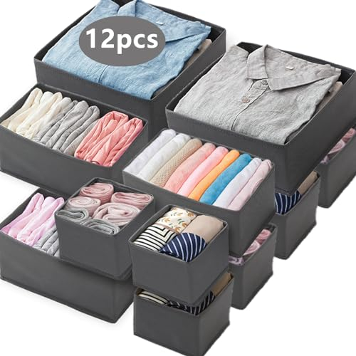 Shrubz 12 Pcs Organizador Armario Ropa, Organizador Ropa de Tela Cajas Almacenamiento Plegable, Organizador Ropa Interior para Almacenar Ropa, Jeans Pantalones, Suéter, Medias, Camisetas, Gris