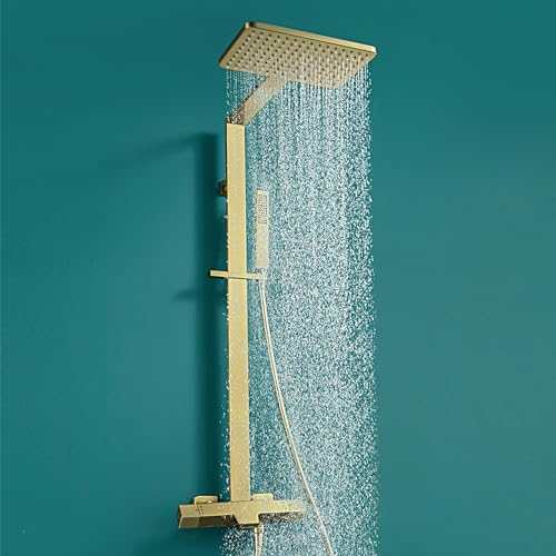 Regendusche Duschsystem Thermostat Duschset mit Thermostatarmatur, Gebürstetes Gold(XXL Kopfbrause 30x19cm)