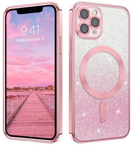 VENINGO for iPhone 11 Pro Case, Compatible with MagSafe Cute Glitter Bling Shiny TPU Bumper Shockproof Plating Edge Slim Girly Women Protective Case for iPhone 11 Pro, Pink