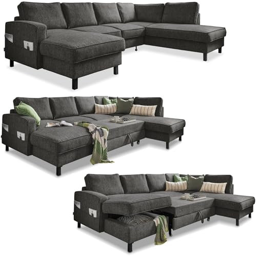 MIUFORM Molly U mit Bettkasten | limitierter Polsterstoff | 8 Sitzer Ecksofa | L-Form rechts | 298 x 198 x 88cm Couch | Klappsofa mit Schlaffunktion | Schlafsofa klappbar (Dunkelgrau)