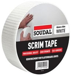 Soudal Professional Plasterboard Drywall Fiberglass Mesh Jointing Scrim Tape High Strength Self Adhesive Sealing Tap White 48mm x 90m For Reinforce Joint Repair, Filling Cracks, Patching Holes