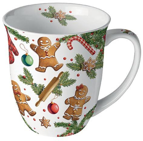 Ambiente Kaffeetasse Tee Tasse Becher mug 0,4 l Fine Bone China Porzellan serie gingerbread cookies Lebkuchen Zweige Winter Weihnachten Advent Weihnachtstasse