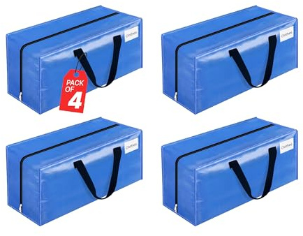 Zuvo Extra Large Moving Bags and Storage Bags with Zip, 4 Pack, 73x36x36 cm | Waterproof woven fabric, webbing carry handles, house moving and loft storage, moving boxes alternative, blue