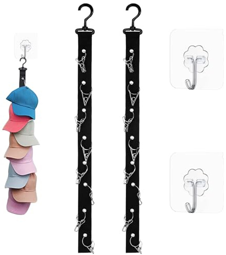 AUNHOKE 2 Stück Cap Aufbewahrung Halter, Cap Halterung Wand mit 16 Clips | Selbstklebend Cap Organizer mit 2 Haken, Kappenhalter Hutablage Aufhängen für Baskenmützen Basecaps Sonnenhüte