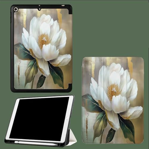 Funda para iPad Pro 12.9 Pulgadas (2022/2021/2020) con Portalápiz, Carcasa Folio Ligera y Delgada con Smart Cover para iPad Pro 12.9 Pulgadas Flores Blancas