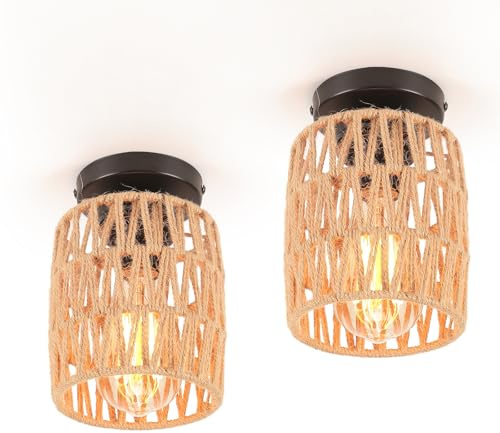 LIGKIN 2 Stücke Deckenleuchte Vintage E27 Hängelampe Ø12CM Lampenschirm aus Metall und Hanfseil Deckenlampe Industrielle Deckenleuchten für Schlafzimmer Wohnzimmer Flur Korridor