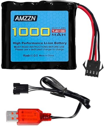 AMZZN 7.4V 1000mAh 2S Li-ION Batterie avec fiche SM-4p et câble de Charge USB pour DE36W DE65 NO.1809 RC Voiture Jouet, Voiture Hors Route Escalade Drift Racing Batterie