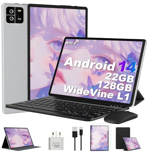 MIRGAMO Tablet 10 Inch Android 14, Tablets 22GB RAM+128GB ROM (TF 1TB) Octa-Core/8000mAh/1920 * 1200 pixel/5G+WiFi 6,Widevine L1/Bluetooth 5.0/GMS/8MP+16MP/Widgets/Tablet with Keyboard+Mouse -Silvery