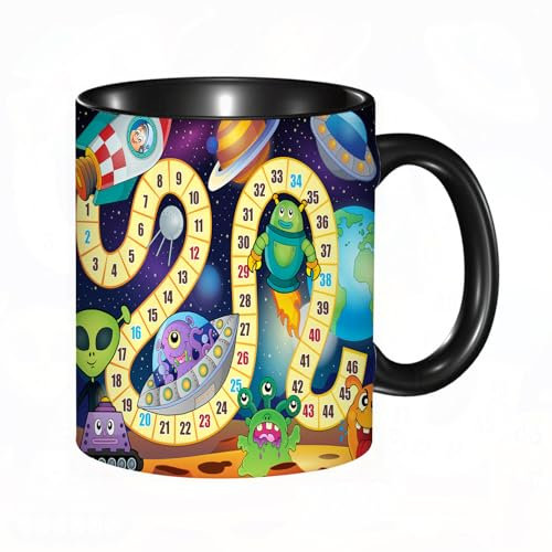 HRRASFAZF Tasse Kaffeetassen,Große 330ml Mit Henkel 100% Handbemalt kaffeebecher porzellan,Brettspiel, Weltraumkreaturen Science Fiction Rakete Kosmonaut,Frauen,Jahrestag,Muttertag